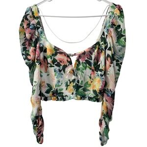For Love & Lemons Floral Puff Sleeve Crop Top Sweetheart‎ Tie Front Multicolor